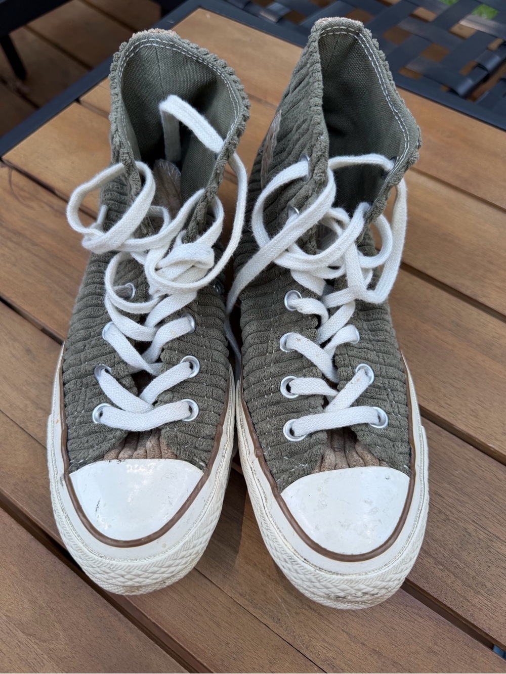 High-Top Converse Sneakers in Olive with White Accents - women’s 5.5